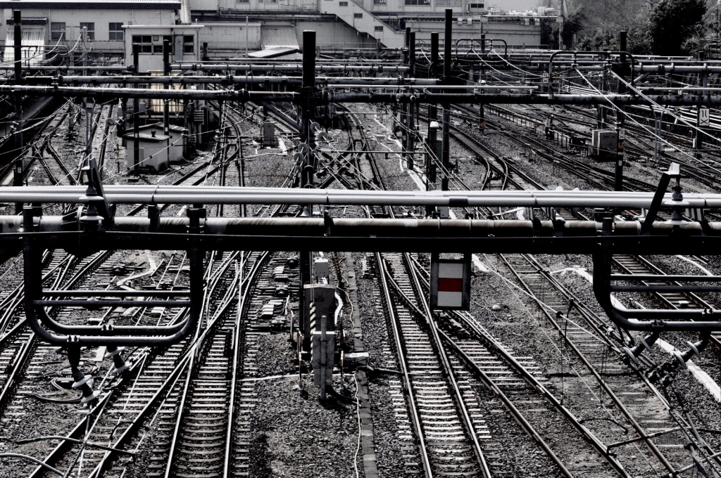 railway tracks, black and white photo