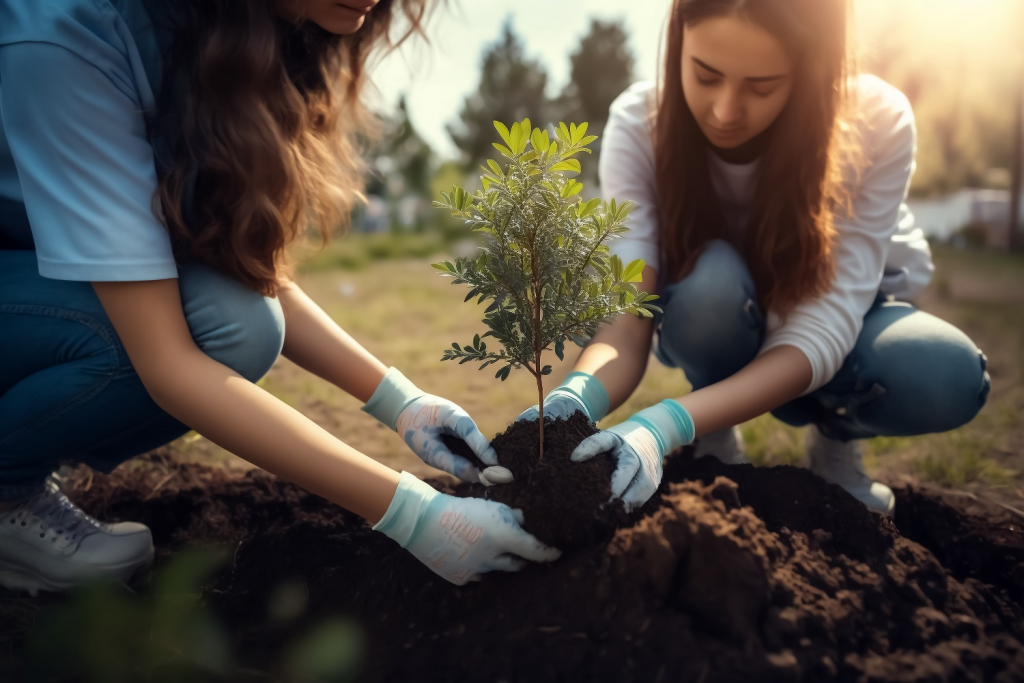 Two young women planting a young tree in soil - Topic nature conservation, sustainability and raw materials, climate change - Generative AI Illustration